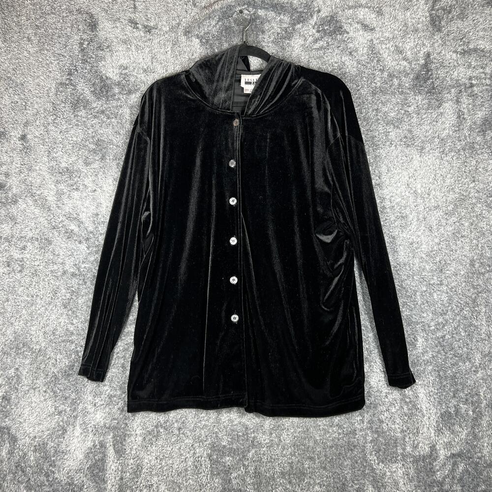 Leslie Fay Hoodie Womens 1X Black Velour Button Cardigan Pockets Stretch